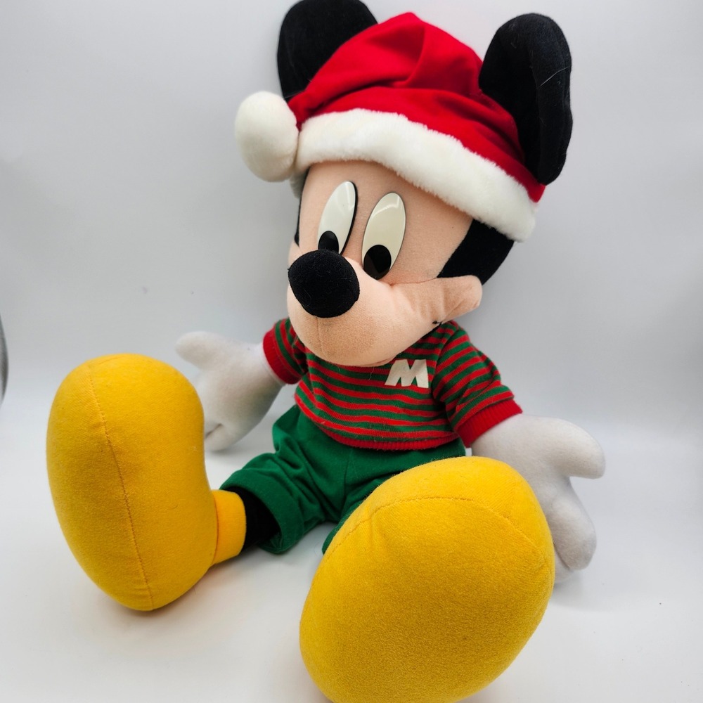 Vintage Mickey Mouse Christmas Plush Toy Santa Hat Striped Shirt Green Pants